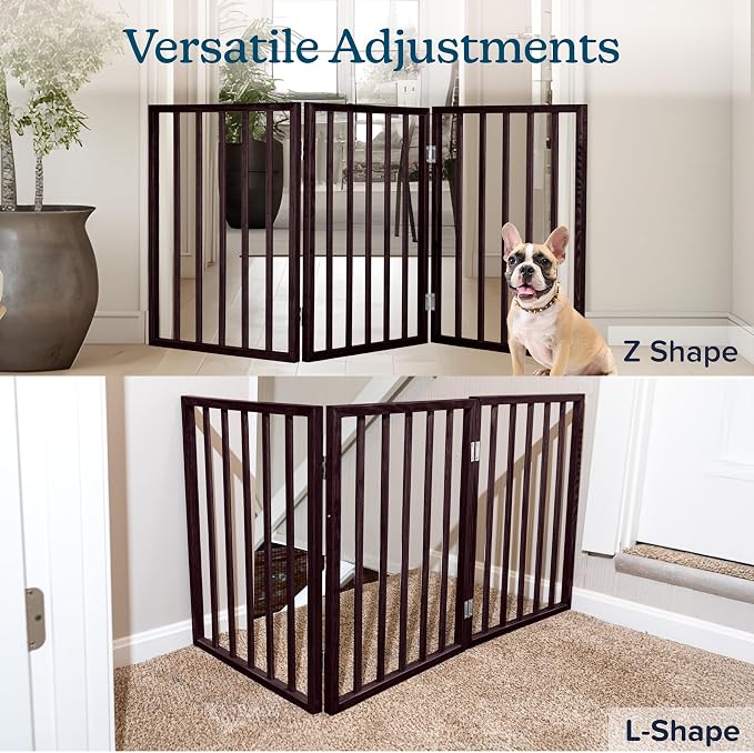 3-Panel Indoor Foldable Dog Fence for Stairs, Hallways, or Doorways - 54x24-Inch Wood Freestanding Dog Gates by PETMAKER (Brown) | Foldable Dog Fence with Accordion Design, Wooden Safety Pet Fence for Stairs, Hallways, Doorways, and Porch