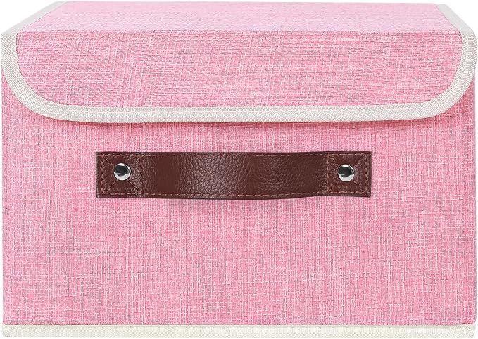 ANMINY Fabric Storage Box Bins with Lids, Pink, 10"x8"x7" | Keepsake Memory Storage, Cotton Linen, PP Board Reinforced, Washable, PU Handles, Foldable & Stackable, Decorative, Small