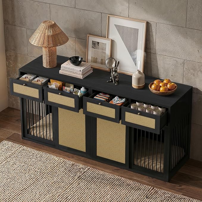 PureCozy 2-Piece Double Dog Crate Furniture, 80 Inch, Black Oak | Left and right kennels for 2 dogs with metal sliding doors, cane cabinets and 4 drawers; furniture-style indoor console.