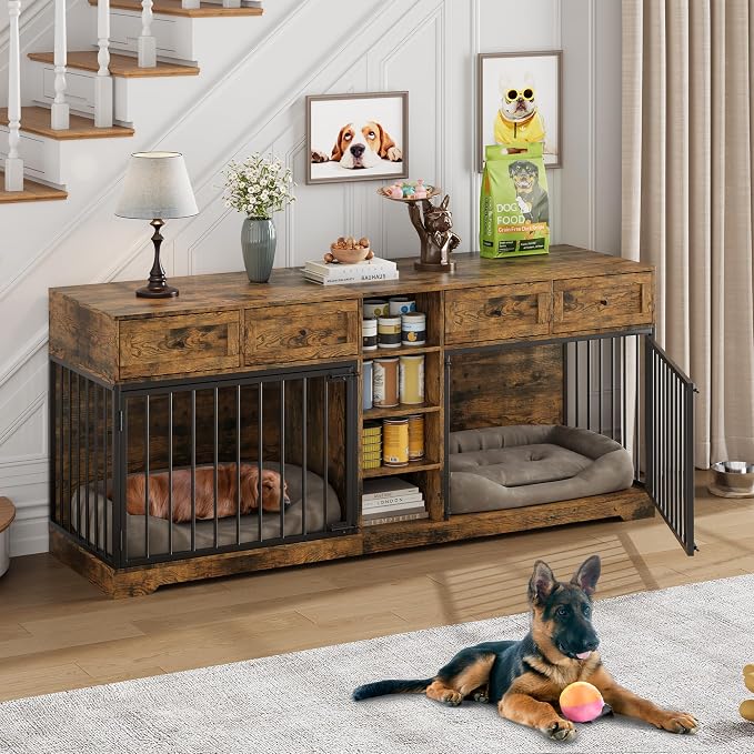 Dog Crate Furniture for 2 Dogs, Double Dog Crate TV Stand, Brown | 82" Large Dog Kennel Indoor with 4 Storage Drawers and 4 Shelves, Suitable for Small, Medium and Large Dogs