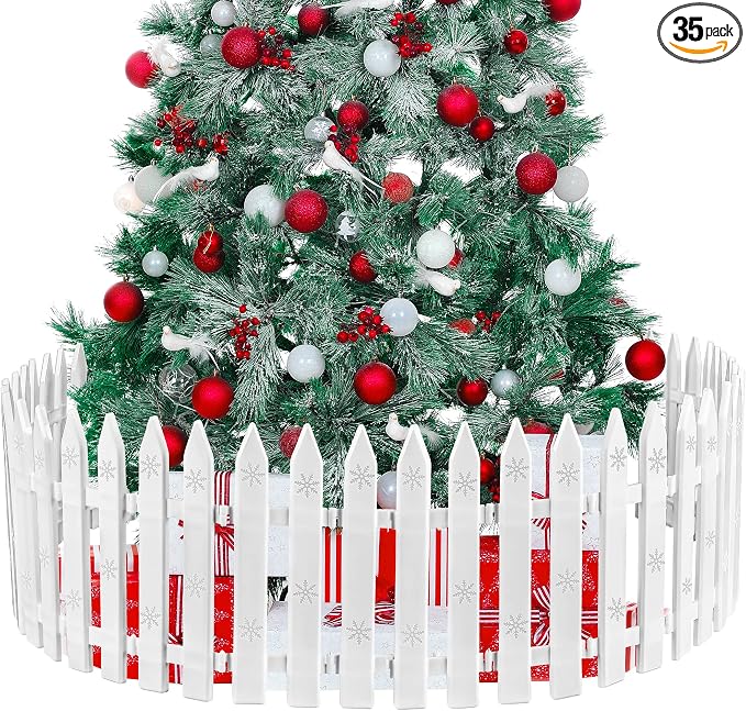 URATOT 35 Pieces Christmas Tree Thick White Plastic Picket Fence Christmas Tree Fence for Pets Kids Holiday Party Garden Home Decoration, 12 Inches