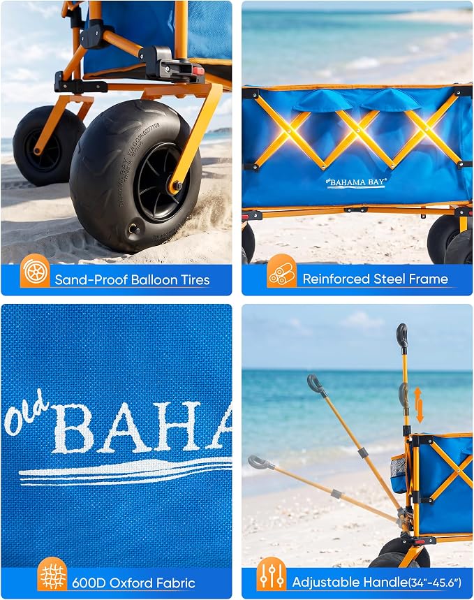 Old Bahama Bay Beach Wagon with Balloon Wheels, Foldable Sand Cart | 9" Balloon Wheels for Soft Sand, Large Capacity Wagon, Umbrella Storage, 330 lb Steel Frame, Quick Fold Design