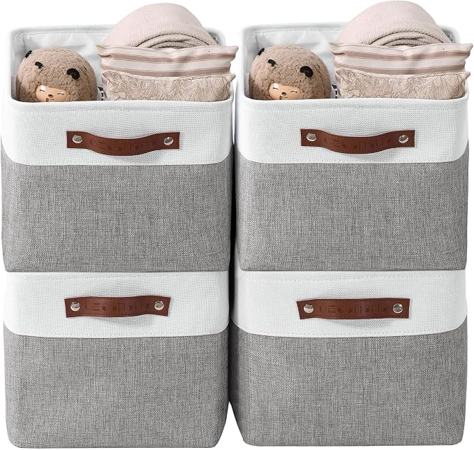 DECOMOMO Storage Bins, Large Fabric Storage Baskets for Shelves 4 Pack | 15 x 11 x 9.5 inches Decorative Linen Closet Organizers (Grey & White)