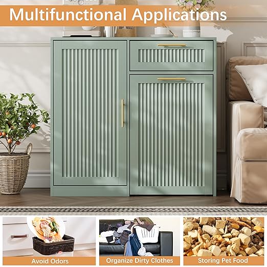 13 Gallons Pull Out Trash Can Cabinet with Storage, Green | Fluted Kitchen Trash Cabinet with Adjustable Shelf & Drawer, Hidden Wood Pet Proof Trash Can Holder for Laundry, Living Room