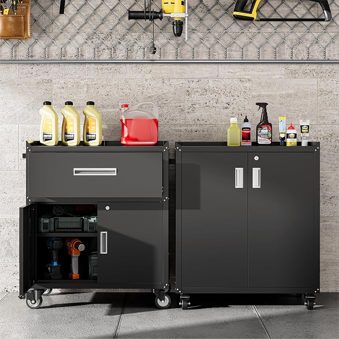 COFaR Heavy-Duty Rolling Storage Cabinet, 2-Door Metal Garage Cabinet with 2 Adjustable Shelves, Lockable Wheels & Locking Doors, 35"H Large Capacity Tool Chest for Workshop, Garage, Warehouse - Black