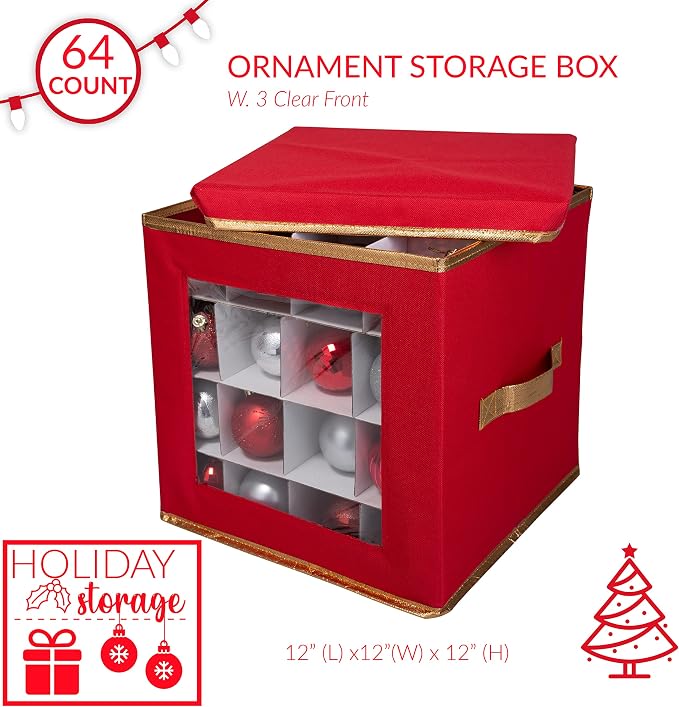 Simplify 64 Count Large Storage Box | Dimensions : 12.01 x 12.01 x 12.01 | Stackable Dividers | Holds up to 64 Ornaments | Red | Easy Carry Handles | Collapsible | Christmas Organization
