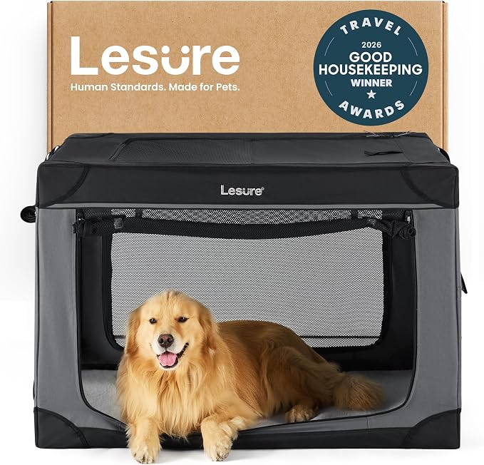Lesure Shown on Today Show Soft Collapsible XL Dog Crate, 42in Black | Portable Travel Camping Pet Kennel, 4-door, Indoor Outdoor Use, Easy to Set Up and Fold, For Extra Large Breeds Up to 90 lbs