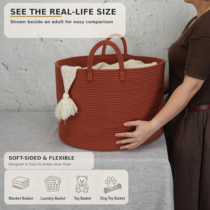 XUANGUO 66L Large Blanket Basket, Round Cotton Rope Basket, Rustic | 20" x 13" Laundry Basket with Sturdy Handles for Blankets, Pillows and Toys; Storage for Living Room, Bedroom and Nursery