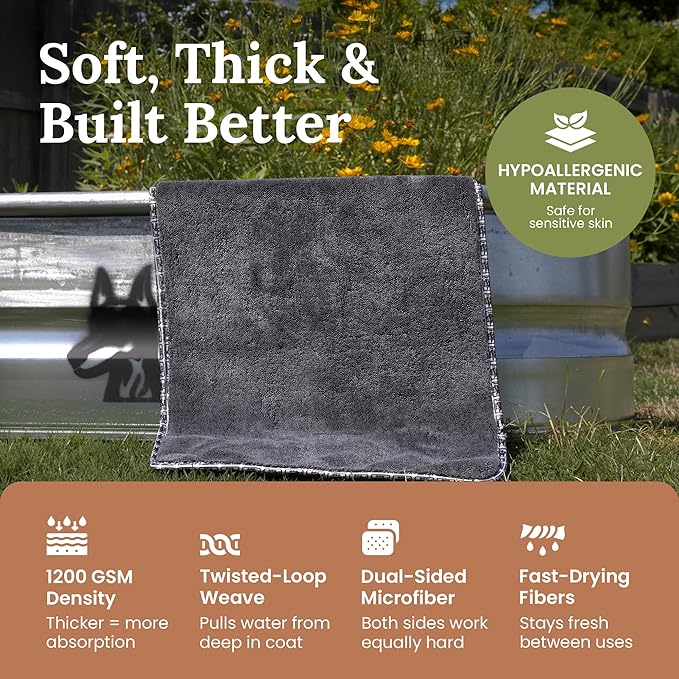 Premium Twisted Loop Drying Towels for Drying Dogs Large 24" x 35" Super Absorbent Microfiber Dog Bath Towel – Quick Dry, Soft – 1200 GSM Gray for Pets, Beach, Camping & Travel