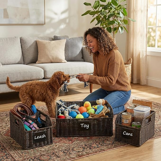 BROWNLILY Storage Box Set of 3, Black | Aesthetic Wicker Pet Storage Baskets with Chalkboard Labels - Low-Front Rattan Bins for Dog, Treats & Leash Organizer