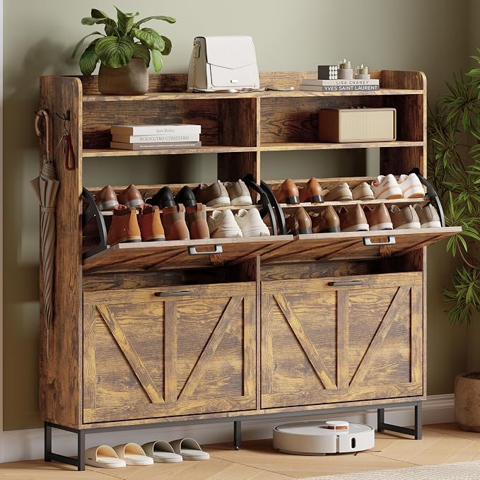 Xixini Shoe Storage Cabinet with 4 Flip Drawers, Entryway Shoe Rack, Brown | Freestanding Narrow Shoe Storage, Hidden Slim Wood Shoe Organizer, Modern Farmhouse, Open Storage & Hooks for Closet, Hallway
