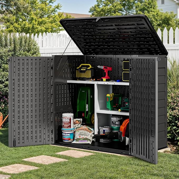 YITAHOME 30 Cu Ft Outdoor Storage Shed with Shelf, Waterproof Storage Cabinet for Bike & Garden Shed, Horizontal Outdoor Storage Shed for Garage, Pool Storage, Dark Gray & Black