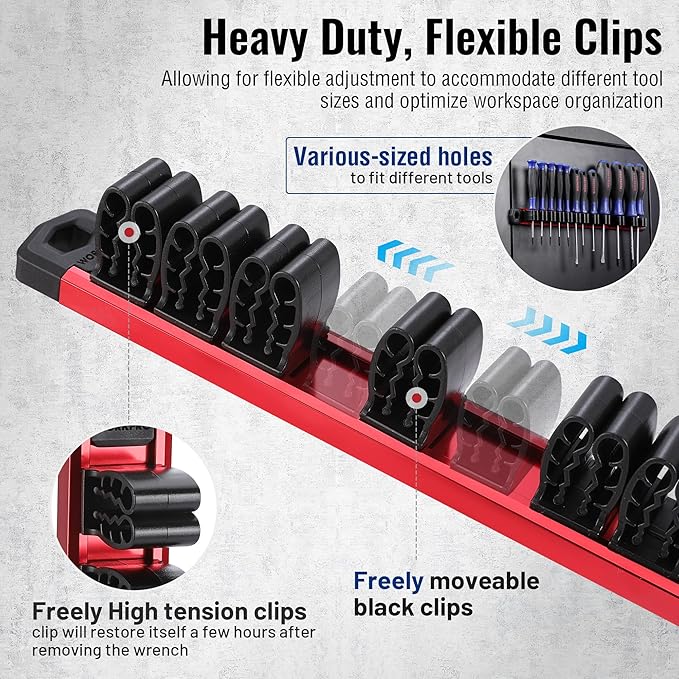 WORKPRO Magnetic Screwdriver and Wrench Organizer Set, 24-Slot Tool Holders | 2-Pack Aluminum Rails, Magnetic Force, Flexible High-Tension Tool Clips, For Tool Box Drawer & Wall-Mount Storage