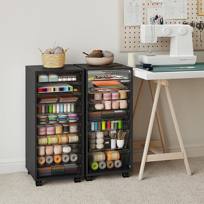 Storage Drawer Cart, Mobile Storage Cabinet, Makeup Storage with 10 Large Clear Drawers, Utility Wooden Rolling Cart on Wheels, for Cosmetic, Art Craft, Office Supplies, Toy, Black