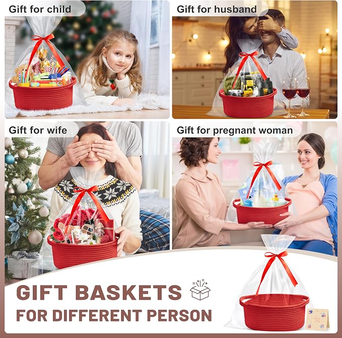 Bufims Small Woven Red Gifts Basket for Storage Empty with Ribbons and Bags Durable Cute Gifts 12"X 8" X 5" Small Rope Basket for Gifting