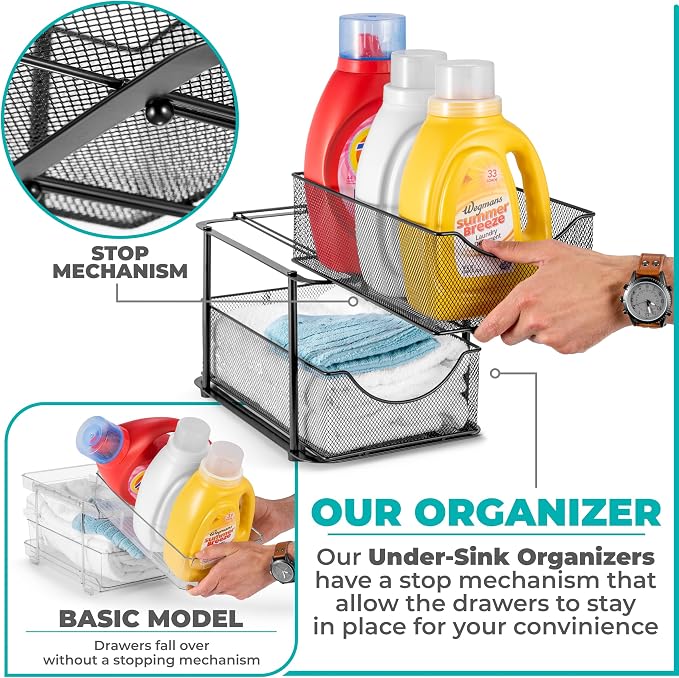 Sorbus Pull-Out Under Sink Organizer, Mesh Construction (Black, 2 Pack) | Two-tier metal organization with strong steel and sliding drawers for bathrooms, kitchens, cabinets, closets and pantries.