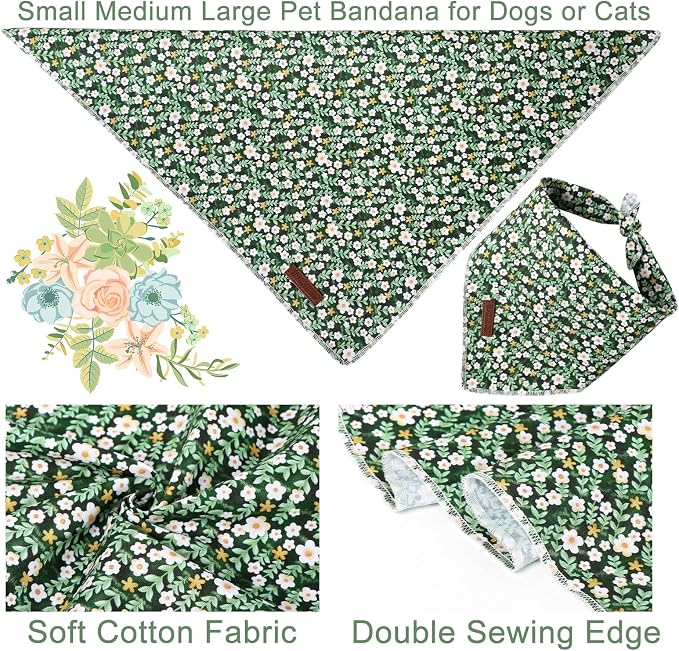 Summer Bandana - Cute Pet Bandana with Flower Pattern, Adjustable Green Puppy Bib, Washable Triangle Dog Scarf for Boy, Girl Dogs or Cats