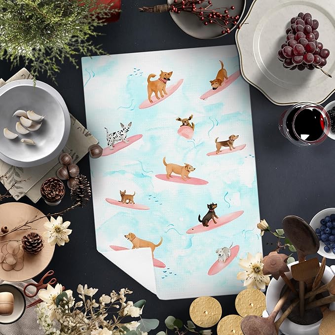 Funny Surfing Dog Kitchen Towels, Coastal Beach Hand Towels for Bathroom, Dog Lover Mom Gifts, Nautical Dish Tea Towels for Kitchen Decor, Beach Bathroom Decor, 16x24 Inch