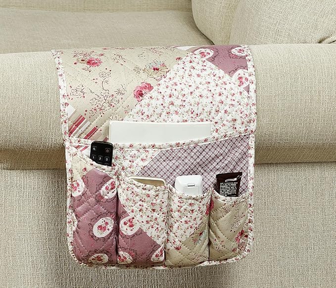 Brilliant Sunshine Pink Rosette & Stripe Couch Armrest Cover, 35"×13" | Washable Magazine Holder, Armrest Organizer & Caddy on Sofa, Recliner, Armchair, Storage for Remote Controls, Phone, iPad