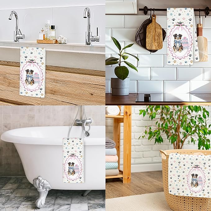 Blue Chinoiserie Australian Shepherd Dog Kitchen Towels, Aussie Dog Gifts Dish Tea Towels for Kitchen Decor, Coquette Pink Bow Aussie Hand Towel for Bathroom Decor, 16x24 Inch