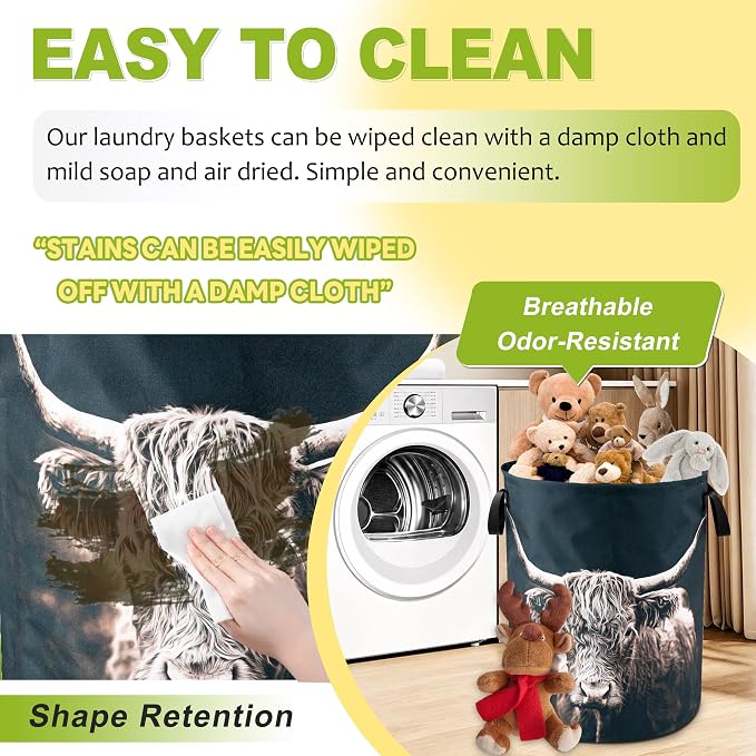 Highland Cow Laundry Basket Foldable Waterproof Hamper 18.9 x 16.5 Inch | Oxford Cloth With Reinforced Handles Lining Design Large-Capacity Storage For Bathrooms/Laundry Rooms/ Living Rooms/Bedrooms