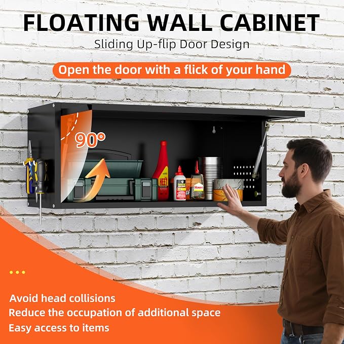 Garage Wall Cabinet, 13.8" H Metal Wall Cabinet with Up-Flip Door | Wall Mounted Metal Storage Cabinet, Upper Cabinet for Kitchen,Garage,Workshop,Warehouse, Assembly Required, Black