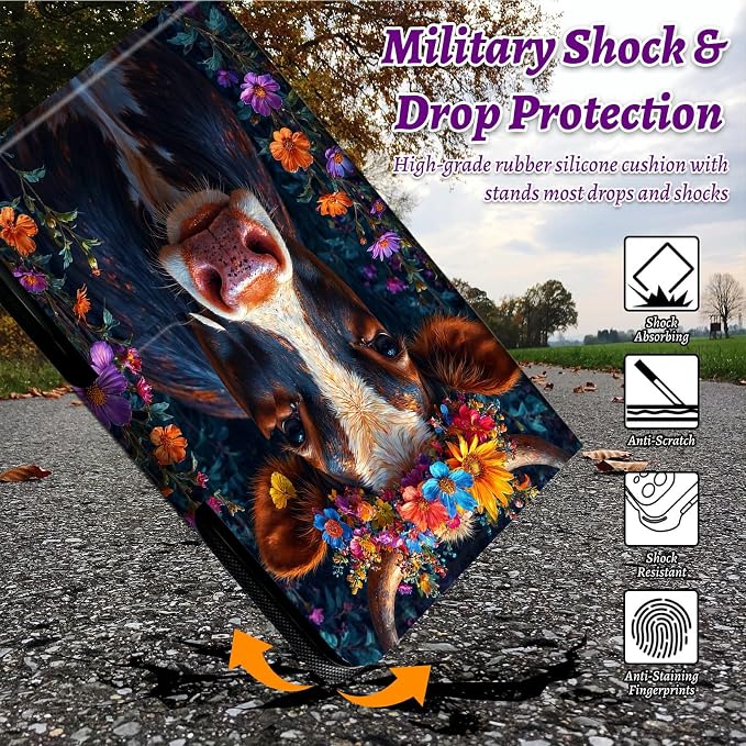 Rotating Handle Case for Samsung Galaxy Tab A11 2026/A9 2024 8.7 Inch, 360 Degree Swivel Kickstand with Magnetic Closure Leather Protective Cover for Women Men, Black White Cow Flower