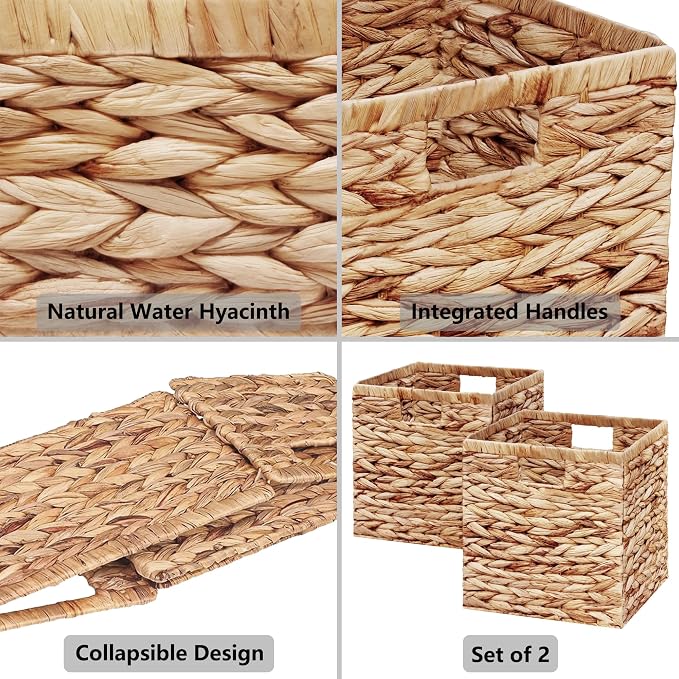 Vagusicc Wicker Storage Basket, Set of 2 Handwoven Water Hyacinth Storage Baskets for Organizing, 13 inch Foldable Storage Cubes with Handles for Laundry Organizer Bins for Bathroom Shelves & Decor