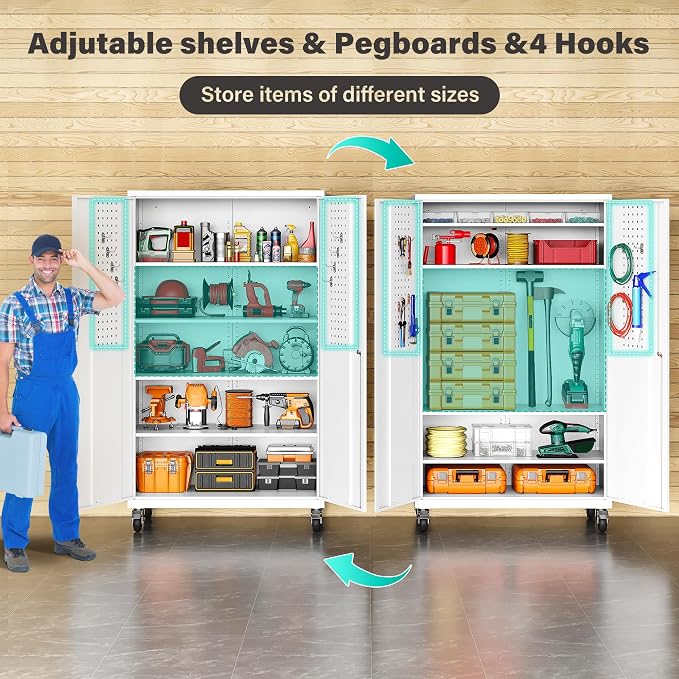 Wide & Deep Metal Storage Cabinet with Wheels,Tall Rolling Garage Storage Cabinet with Lock,White Metal Cabinets with Pegboards and Shelves,Tool Locker for Garage,Home,Office,43''Wx 20''Dx71"H