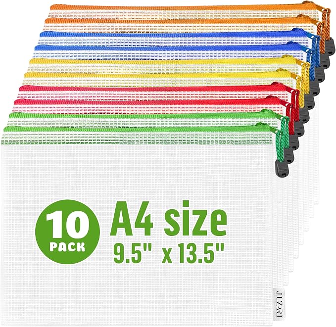 10 Pack Mesh Zipper Pouch Bags A4-13.5x9.5 in Plastic Zipper Pouches for Organizing - Document Bags With Zippers - Letter Size Zippered Pouches - Document Pouch With Zippers