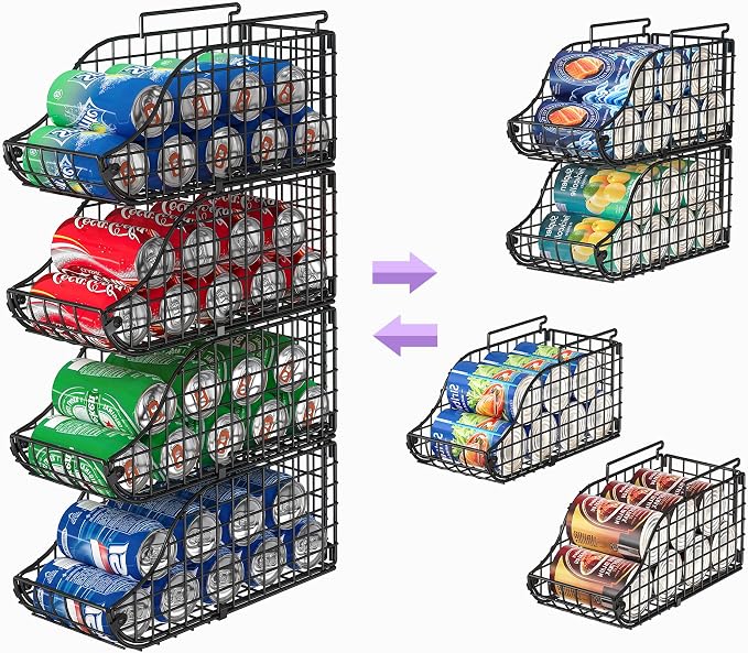 Sonyabecca 4-Pack Stackable Can Rack Organizer for Kitchen Pantry | Soda Can Organizer and Food Storage Dispenser for Pantry Cabinets. Foldable Wire Rack Keeps Canned Food Organized