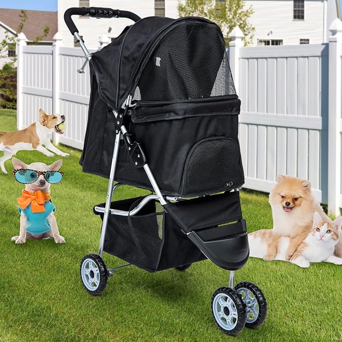 BLKMTY 3 Wheels Dog Stroller, Foldable Stroller for Cat, Dogs Waterproof Travel Carrier Strolling Cart for Puppy Small Dog Jogger Strollers W/Cup Holder & Storage Basket, Black