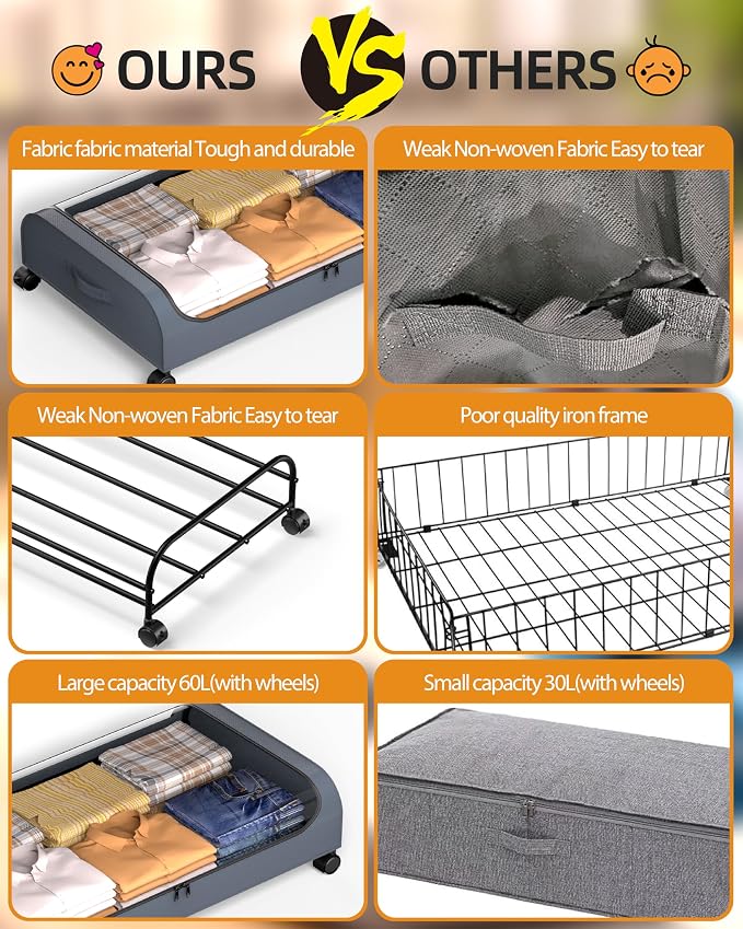 Under Bed Storage with Wheels, 4 Pack Curved Under Bed Storage Containers, 60L Under The Bed Storage Bins, Rolling Under The Bed Storage Metal Drawer for Clothes, Blankets, Shoes-Gray