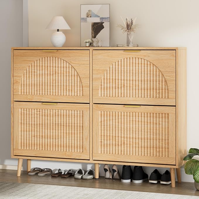 Shoe Storage Cabinet with 4 Flip Drawers, Narrow Wood Shoe Organizer Cabinet with Fluted Panel, Slim Shoe Rack for Entryway, Freestanding Shoe Cabinet for Living Room, Hallway, Wood Color