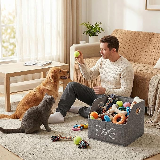 Foldable Dog Toy Basket-Dog Toys Bin-Dog Toy box-Storage Basket with Handle,Organizer Bin for Pet Toys, Blanket, Shelves, Closet -gray