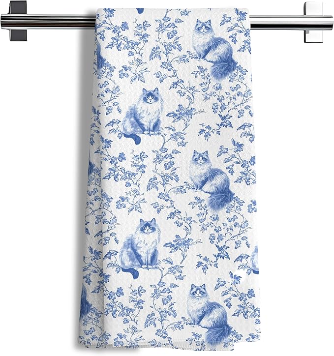 Chinoiserie Floral Ragdoll Kitchen Towels,Blue and White Cat Decor Kitchen Dish Tea Towels Bathroom Gifts for cat Lovers Women Men,16x24 Inch