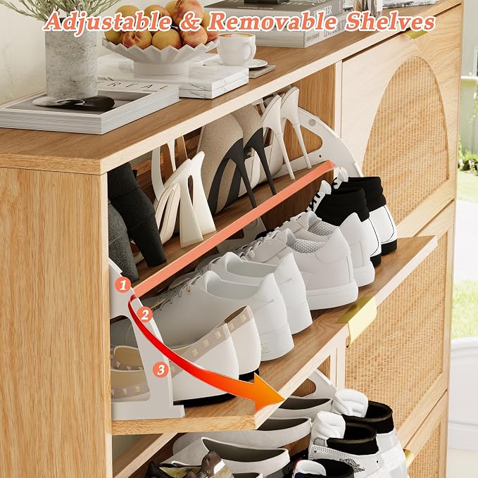 Shoe Storage Cabinet with 6 Flip Drawers, Narrow Wood Shoe Organizer Cabinet with Fluted Panel, Slim Shoe Rack for Entryway, Freestanding Shoe Cabinet for Living Room, Hallway, Wood Color