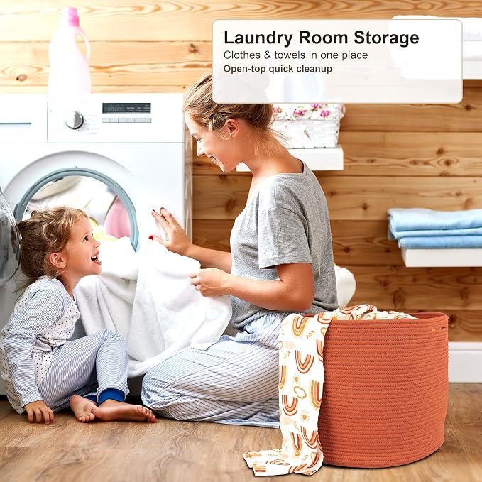 XUANGUO Cotton Rope Basket For Girls Boys Kids 16”X14” rustic | Baby Laundry Baskets, Blanket Basket, Nursery Bin; Round Woven Basket Organizer for Toy Storage, Blankets, Shoes and Clothes