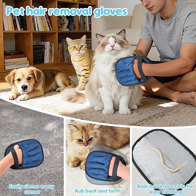 3-in-1 Pet Hair Removal Tool Kit Dog Hair Remover and Carpet Rake Includes Handheld Pet Hair Removal Tool and Grooming Glove Removes Embedded Fur from Carpets Rugs Furniture and Pet Beds