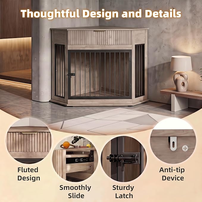 44.6" Corner Dog Crate Furniture for Small Medium Dogs, Modern Medium Size Decorative Dog Crates End Table with Fluted Drawer, Wooden Dogs Cage Kennel Furniture for Home Décor, Grey Oak
