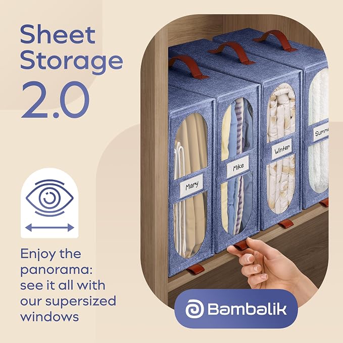 8x Bed Sheet Organizer Storage Boxes with Big See-Through Windows | Bedsheet Organizers Redesigned. Robust Bed Sheet Storage |15x13x5 Inches Sheet Organizers Containers (Denim)