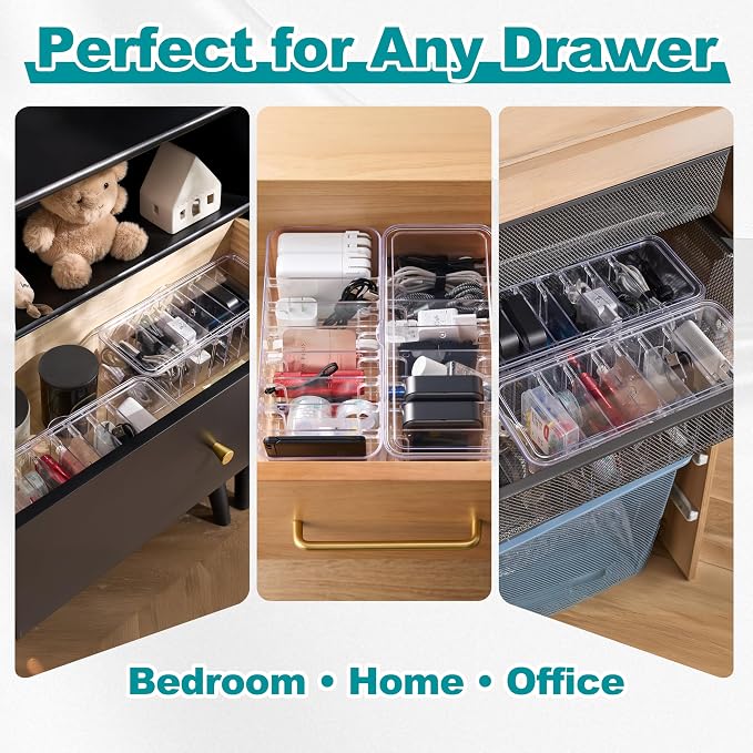 Cord Organizer Box 2 Pack – Clear Cable Organizer with Adjustable Dividers, Fits Up to 10ft Cables, Cord Storage Organizer for Chargers & Tech Accessories – Includes 16 Velcro Ties