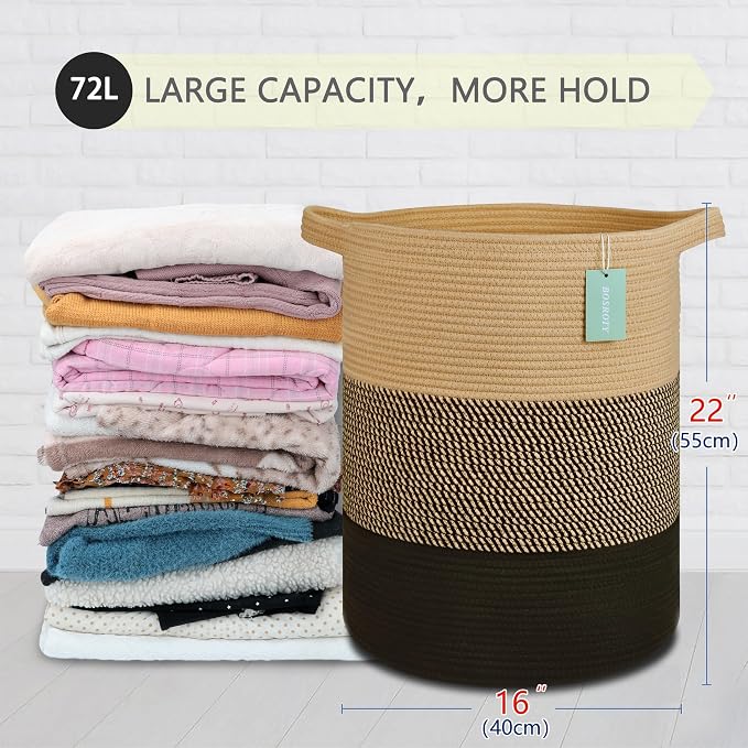Cotton Rope Blanket Basket, 72L Tall Laundry Hamper, Brown & Black