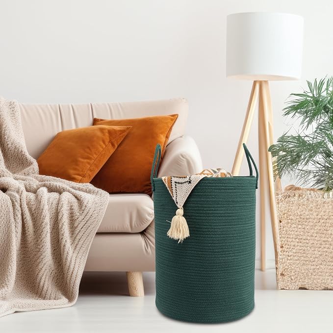 Woven Cotton Rope Laundry Basket, 15x20 Laundry Hamper, Dark Green | Rope storage basket for dirty clothes, toys and blankets. Perfect for bathroom, baby nursery and living room storage.