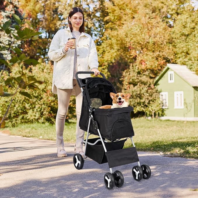LEMY 4 Wheels Pet Dog Cat Stroller for Small Medium Dogs Cats,Black Foldable Jogger Travel Puppy with Detachable Carrier