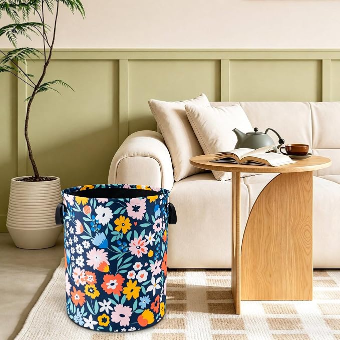 Folk Floral Art Laundry Basket Foldable Waterproof Hamper 18.9 x 16.5 Inch | Oxford Cloth With Reinforced Handles Lining Design Large-Capacity Storage For Bathrooms/Laundry Rooms/ Living Rooms/Bedrooms