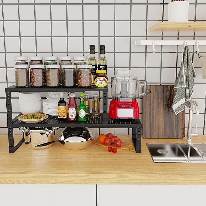 Jojocross Expandable Adjustable Stackable Kitchen Organizer, Spice Rack,Metal Pantry Storage Shelves Racks,Counter Shelf for Cabinets, Countertop, Cupboard (3 Packs/Medium/Black)