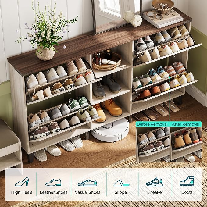LINSY 63" Farmhouse Shoe Storage Cabinet Washed White | Tall Flip-Drawer Shoe Rack for Entryway, Adjustable Shelves for Boots, Heels & Sneakers Wood Finish with Sturdy Metal Legs