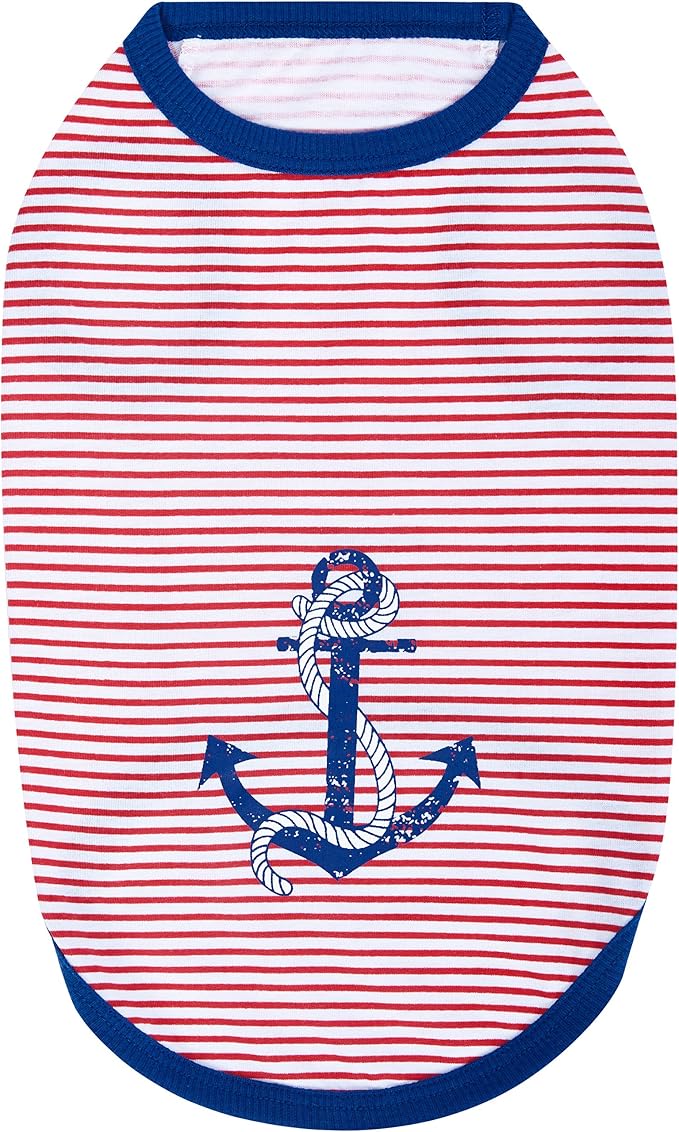 Blueberry Pet Soft & Comfy Summer Vacation Beach Cotton Dog T-Shirts, 2 Pack, Sunshine Sea Lover Striped Shirts Tank Top Clothes, Back Length 16", for Medium Large Dogs