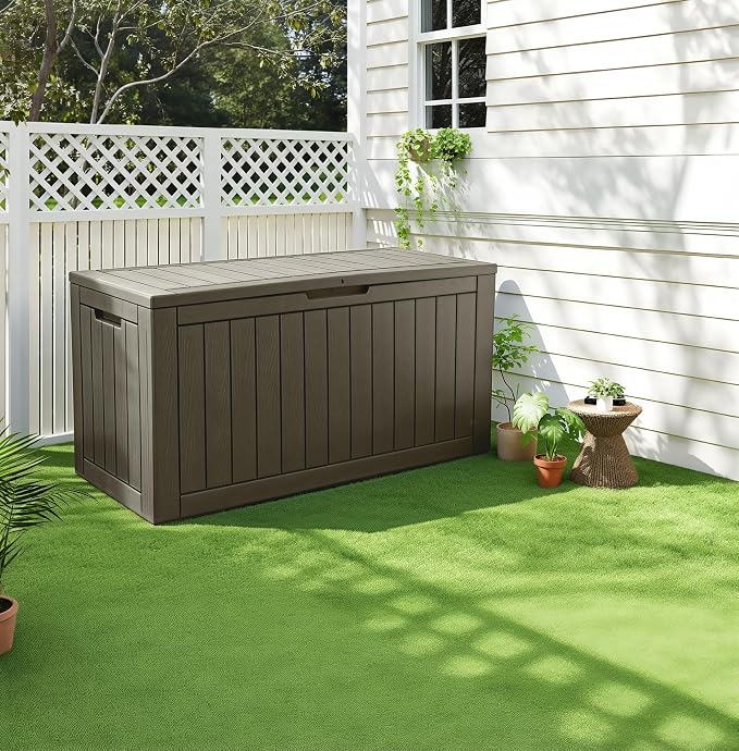 97 Gallon Waterproof Large Resin Deck Box, Lockable Large Outdoor Storage Box Indoor Outdoor Storage Container for Patio Cushions, Gardening Tools, Pool Supplies, Grey
